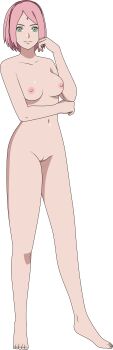 1girl absurdres armpit_crease barefoot boruto:_naruto_next_generations breasts cleft_of_venus collarbone completely_nude curled_fingers eyelashes feet female_focus full_body green_eyes groin hair_ornament hairband hand_to_head hands_up happy haruno_sakura highres knees legs lionprideart looking_at_viewer medium_breasts medium_hair naruto_(series) navel neck nipples nude parted_bangs pink_hair pussy red_hairband sidelocks smile standing stomach thighs toenails toes transparent_background