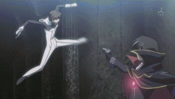 2boys animated animated_gif anime_screenshot code_geass gun kicking kururugi_suzaku lelouch_vi_britannia lowres male_focus multiple_boys parody spinzaku weapon zero_(code_geass)