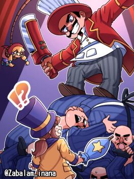 !? >_< 2girls 6+boys :o a_hat_in_time bald black_facial_hair black_hair black_shoes blonde_facial_hair blonde_hair blue_jacket boss_fight bound brown_hair brown_shoes buttons capelet chef_hat child closed_umbrella coat commentary_request double-breasted evil_grin evil_smile facial_hair goatee green_shoes grey_eyes grey_pants grin hair_tie hand_on_another's_head hanging hat hat_kid hat_ribbon holding holding_umbrella holding_weapon jacket long_hair long_sleeves looking_at_another looking_down looking_up mafia_(a_hat_in_time) mafia_boss_(a_hat_in_time) multiple_boys multiple_girls mustache mustache_girl official_alternate_costume one_eye_closed outline pants pink_shirt ponytail purple_hat purple_pants raincoat red_capelet red_hood red_jacket ribbon rope screw shirt shoes short_hair sidelocks smile standing_on_another's_back star_(symbol) striped_clothes striped_jacket striped_pants suit_jacket sweatdrop teeth tied_up_(nonsexual) top_hat twitter_username umbrella vertical-striped_clothes vertical-striped_jacket vertical-striped_pants very_short_hair weapon white_hat white_outline white_shirt yellow_coat yellow_eyes yellow_ribbon zabalam_inana