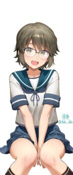 1girl :d anchor_symbol bespectacled between_legs black_socks blue_neckerchief blue_sailor_collar blue_skirt blush brown_eyes brown_hair commentary_request feet_out_of_frame glasses hair_between_eyes hand_between_legs highres invisible_chair iwabuchi501 kantai_collection kneehighs medium_hair messy_hair miniskirt miyuki_(kancolle) neckerchief open_mouth pleated_skirt sailor_collar school_uniform serafuku shirt short_sleeves sidelocks simple_background sitting skirt smile socks solo thighs twitter_username white_background white_shirt