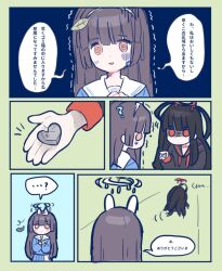 2girls black_hair blue_archive comic halo heart image_sample japanese_text miyu_(blue_archive) multiple_girls penguin_(tendouaris) stone tsurugi_(blue_archive) twitter_sample