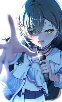 Rule 34 | 1girl, absurdres, asymmetrical clothes, blush, commentary request, foreshortening, gakuen idolmaster, green eyes, green hair, highres, holding, holding microphone, idolmaster, long hair, looking at viewer, microphone, official alternate costume, reaching, reaching towards viewer, shirt, simple background, smile, solo, ssa tknh, sweat, tsukimura temari, very long hair, white background, white shirt