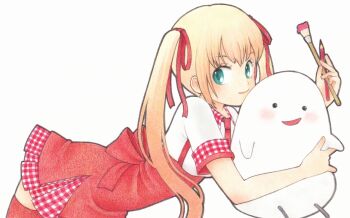 1girl blonde_hair blush chiori_n colored_pencil_(medium) commentary_request dress ghost gingham_clothes green_eyes holding holding_paintbrush holding_pencil long_hair looking_at_viewer original paintbrush pencil simple_background smile traditional_media twintails white_background