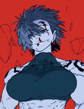 1girl abs biceps bleeding blood blood_from_mouth blood_on_face breasts brown_hair closed_mouth earrings from_below grey_eyes hair_between_eyes highres injury jewelry kirima_(peke07777) looking_at_viewer muscular muscular_female nosebleed original peke07777 short_hair smile tall_female upper_body