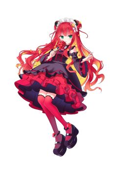 Rule 34 | 1girl, animal ears, black dress, black shoes, black sleeves, blonde hair, burger hair ornament, candy apple, center frills, cross-laced clothes, cross-laced dress, detached sleeves, dress, food, food-themed hair ornament, frilled dress, frilled sleeves, frilled thighhighs, frills, full body, green eyes, haconect, hair ornament, highres, holding, holding candy apple, holding food, licking candy apple, long hair, macaron hair ornament, maid headdress, merchandise available, momone cco, multicolored hair, official art, panda ears, red dress, red hair, red thighhighs, rin garnet, second-party source, shoes, simple background, solo, streaked hair, thighhighs, two-tone dress, two-tone hair, virtual youtuber, white background, wide sleeves, zettai ryouiki