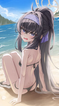 Rule 34 | 1girl, absurdres, bare arms, bare back, bare legs, bare shoulders, bikini, black bikini, black hair, blue archive, blush, crossed bangs, from behind, hair between eyes, hairband, halo, high ponytail, highres, long hair, looking at viewer, official alternate costume, open mouth, ponytail, purple eyes, purple hairband, sandals, shj1998z, sidelocks, solo, sweatdrop, swimsuit, ui (blue archive), ui (swimsuit) (blue archive), yellow halo