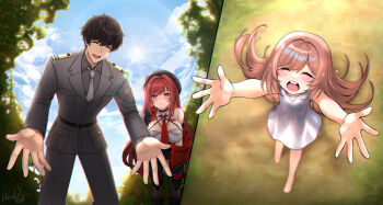 1boy 2girls beret black_skirt black_thighhighs blue_sky blush breasts brown_hair child closed_eyes cloud commander_(nikke) commentary day dress english_commentary family father_and_daughter goddess_of_victory:_nikke hat highres hoshiberuu large_breasts long_hair military_uniform mother_and_daughter multiple_girls necktie off-shoulder_jacket off_shoulder only_one_(nikke) open_mouth outdoors rapi_(nikke) rapi_(red_hood)_(nikke) reaching reaching_towards_another red_eyes red_hair shirt skirt sky smile sun tears thighhighs tree white_dress white_shirt