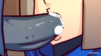 1boy 1girl animated animated_gif armor blue_eyes cave colored_skin cum cum_in_mouth cum_overflow derpixon ejaculation fantasy fellatio forced goblin goblin_male grey_skin hair_through_headwear helmet hetero irrumatio jean_(fandeltales) kneeling oral penis rape red_hair solo_focus twintails