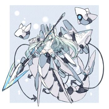 1girl 2others adversarial_noise anchor arm_up armpit_crease armpits blue_eyes choker commentary_request covered_navel fins forehead_protector hair_intakes hisui_(syarute) holding holding_polearm holding_weapon jet_engine lance long_hair looking_at_viewer mecha_musume monster_girl multiple_others non-humanoid_robot one-piece_swimsuit open_mouth original polearm robot robot_ears school_swimsuit signature solo swimsuit thighs twitter_username weapon white_one-piece_swimsuit wire
