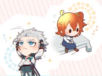 0nodera 1boy 1girl ahoge blue_eyes blue_skirt chibi chibi_only commentary_request denim fate/grand_order fate_(series) forked_eyebrows fujimaru_ritsuka_(female) grey_hair hair_between_eyes jeans mouth_hold nagakura_shinpachi_(fate) one_side_up orange_hair pants pantyhose shirt short_hair skirt solid_oval_eyes stalk_in_mouth torn_clothes torn_jeans torn_pants white_shirt