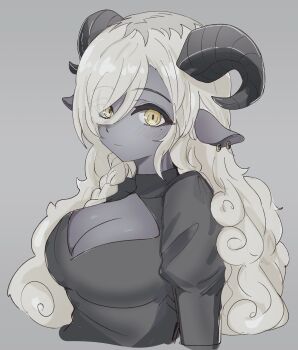1girl alternate_eye_color alternate_hair_length alternate_hairstyle alternate_skin_color alternate_species animal_ear_piercing animal_ears black_horns black_shirt braid breasts cleavage cleavage_cutout closed_mouth clothing_cutout colored_skin cropped_torso curled_horns darkened_skin eyes_visible_through_hair fluffy_hair girls_band_cry grey_background grey_skin hair_over_one_eye highres horns juliet_sleeves kemonomimi_mode large_breasts light_blush light_smile long_bangs long_hair long_sleeves looking_at_viewer loosely_tucked_bangs mole mole_under_eye multicolored_hair multiple_piercings n_nai_nai_n puffy_sleeves roots_(hair) rupa_(girls_band_cry) sheep_ears sheep_girl sheep_horns shirt side_braid simple_background solo turtleneck turtleneck_shirt two-tone_hair white_hair yellow_eyes