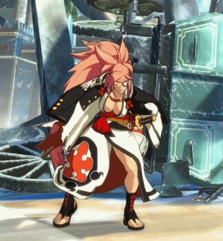 1girl alcohol amputee animated animated_gif baiken breasts cleavage eyepatch female_focus full_body guilty_gear guilty_gear_xrd large_breasts long_hair lowres official_art pink_hair ponytail sake sandals solo sword tattoo toes very_long_hair weapon