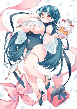 1girl absurdres bare_shoulders blue_hair blue_leotard blush bow breast_curtains breasts cake detached_sleeves eating food full_body gift glitter happy_birthday highres holding holding_plate indie_virtual_youtuber large_breasts leotard long_hair navel open_mouth pelvic_curtain plate red_eyes ribbon see-through_clothes shoes skindentation smile solo tamaki_iori thigh_strap thighhighs twintails