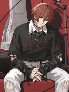 Rule 34 | 1boy, ahoge, amagase touma, arm warmers, belt, black arm warmers, black belt, black choker, black shirt, bracelet, brown eyes, brown hair, cable, cd, cd case, chain, chain bracelet, chain necklace, choker, closed mouth, collared shirt, earphones, guitar case, hair between eyes, highres, idolmaster, idolmaster side-m, in43, instrument case, interlocked fingers, jewelry, looking at viewer, male focus, microphone stand, necklace, pants, print shirt, red background, ring, ring necklace, shirt, short hair, silver necklace, sitting, smile, solo, speaker, striped arm warmers, torn clothes, torn pants, torn sleeves, undershirt, white pants, white shirt