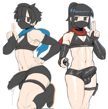 2boys black_choker black_eyes black_hair black_shorts black_socks blue_scarf bulge chest_cutout choker ear_piercing elbow_gloves erection erection_under_clothes gloves hand_gesture hand_on_own_hip highres holding holding_nunchaku holding_weapon kuji-in mask mctamago mouth_mask multiple_boys navel ninja ninja_mask nunchaku original piercing ponytail precum precum_string precum_through_clothes red_scarf revealing_clothes sandals scarf shorts simple_background sketch socks testicles trap weapon white_background yaoi