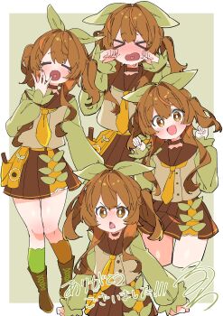 Rule 34 | > <, 1girl, :d, = =, \||/, absurdres, angry, belt, belt pouch, blush, boots, border, bow, bright pupils, brown boots, brown choker, brown eyes, brown hair, brown sailor collar, brown serafuku, brown skirt, brown socks, choker, closed eyes, commentary, commission, cowboy shot, cropped legs, crying, fangs, full body, ganbaru pose, green background, green bow, green shirt, green socks, hair between eyes, hair bow, hand to own mouth, hands up, heart, heart in mouth, highres, knee blush, kneehighs, knees together feet apart, long hair, long sleeves, looking at viewer, lower teeth only, mismatched socks, multicolored hair, multiple views, necktie, no nose, nose blush, open mouth, orange streaks, original, outside border, pleated skirt, pouch, puffy long sleeves, puffy sleeves, raised eyebrows, raised inner eyebrows, sailor collar, school uniform, serafuku, shirt, signature, simple background, skeb commission, skirt, skirt bow, smile, socks, standing, streaked hair, tearing up, teeth, thank you, thighs, two side up, uruti 2388, v-shaped eyebrows, vest, white border, white pupils, white vest, yawning, yellow belt, yellow necktie