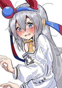 1girl amaxa animal_ears blue_hairband blush ear_covers ear_ornament fang grey_hair grey_tail hair_between_eyes hairband headband horse_ears horse_girl horse_tail long_hair looking_at_viewer open_mouth red_headband shirt solo striped_clothes striped_hairband tail tamamo_cross_(casual)_(umamusume) tamamo_cross_(umamusume) umamusume very_long_hair