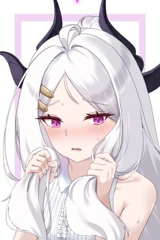 1girl absurdres ahoge blue_archive blush breasts commentary_request demon_girl demon_horns halo highres hina_(blue_archive) horns long_hair looking_at_viewer open_mouth purple_eyes sakae_(sakae5185) small_breasts solo white_hair