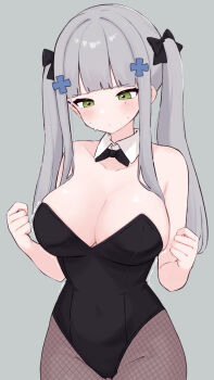 1girl alternate_costume alternate_hairstyle bare_shoulders black_bow black_bowtie black_leotard black_pantyhose blush bow bowtie breasts cleavage closed_mouth collar collarbone commentary_request cross_hair_ornament detached_collar dot_mouth fishnet_pantyhose fishnets girls&#039;_frontline green_eyes grey_background grey_hair hair_bow hair_ornament hiepita97 highres hk416_(girls&#039;_frontline) large_breasts leotard long_hair pantyhose playboy_bunny simple_background solo strapless strapless_leotard sweatdrop tattoo teardrop_facial_mark teardrop_tattoo twintails white_collar
