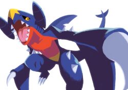 Rule 34 | arm blade, artist request, black sclera, blue skin, claws, colored sclera, colored skin, creatures (company), dragon, game freak, garchomp, gen 4 pokemon, highres, jumping, looking at viewer, nintendo, pokemon, pokemon (creature), sharp teeth, simple background, solo, teeth, twitter username, weapon, white background, yellow eyes