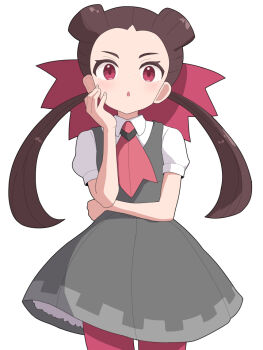 1girl :o ascot brown_hair collared_shirt commentary_request dress grey_dress hair_ornament hand_up hiyoshipow long_hair nintendo open_mouth pantyhose pink_ascot pink_pantyhose pokemon pokemon_oras roxanne_(pokemon) shirt short_sleeves solo twintails white_shirt