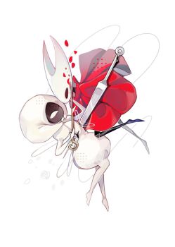 2girls arthropod_girl black_eyes black_skin blank_eyes cloak colored_skin commentary full_body hashtag-only_commentary highres holding holding_weapon hollow_eyes hollow_knight hollow_knight:_silksong horned_mask hornet_(hollow_knight) impaled juliet_sleeves lace_(hollow_knight) leaf long_sleeves looking_at_another mask multiple_girls needle_(hollow_knight) pin_(hollow_knight) plant puffy_sleeves red_cloak ruizi_06 thread weapon white_eyes white_mask