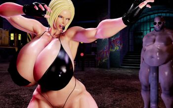 1boy 1girl 3d alternate_breast_size_(larger) animated bikini black_bikini black_gloves blonde_hair blue_eyes blue_mary bouncing_breasts breasts censored dark-skinned_male dark_skin female_focus female_pubic_hair fighting_stance fingerless_gloves gloves highres huge_breasts huge_penis jiggle mosaic_censoring noriheita nude pale_skin penis pubic_hair shiny_clothes shiny_skin short_hair swimsuit tagme the_king_of_fighters thick_thighs thighs video