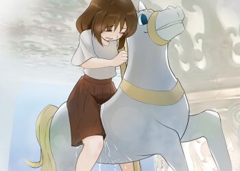 1girl blush brown_hair brown_skirt carousel closed_eyes embarrassed female_focus flat_chest grey_shirt hand_up highres open_mouth original peeing peeing_self pleated_skirt saliva shirt short_hair short_sleeves sitting skirt solo taiya_(pixiv_33530521) wet wet_clothes