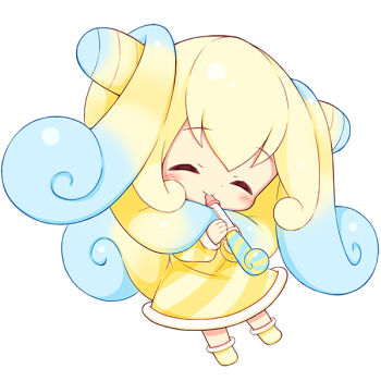 1girl ^_^ aikei_ake blonde_hair blue_hair blush chibi closed_eyes closed_mouth commentary_request diagonal-striped_clothes diagonal-striped_dress dress full_body gradient_hair holding long_sleeves multicolored_hair original party_whistle personification puffy_long_sleeves puffy_sleeves shoes simple_background sleeves_past_wrists solo striped_clothes white_background yellow_dress yellow_shoes