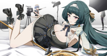 3girls absurdres astra_yao astra_yao_(chandelier) belle_(zenless_zone_zero) black_bow black_dress black_hair black_pants black_ribbon black_shirt black_shoes bow breasts cable camera cleavage cleavage_cutout clothing_cutout coat dress evelyn_chevalier hairband hat headband highres holding holding_microphone_stand jewelry large_breasts latex latex_legwear latex_pants lying microphone_stand movie_camera multiple_girls necklace official_alternate_costume on_side pants pearl_necklace photo_shoot photographer red_eyes ribbon shirt shoes sleeves_rolled_up smile sunglasses thigh_beads thigh_strap umbrella uneven_bangs v video_camera white_background white_hairband white_headband yunmo_(znfc8352) zenless_zone_zero