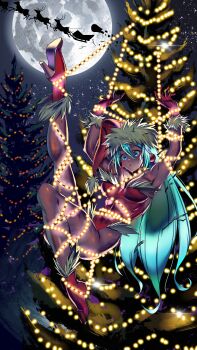 1girl absurdres ankle_boots aqua_hair arms_up blue_eyes boots bound breasts christmas christmas_lights christmas_tree fantasy full_moon fur_trim hat high_heel_boots high_heels highres leotard long_hair magical_girl medium_breasts moon original pedro_sotto red_leotard reindeer santa_costume santa_hat tied_up_(nonsexual) very_long_hair