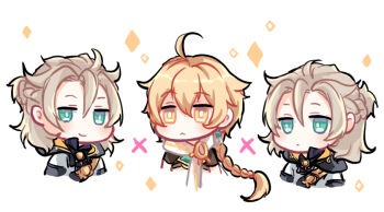 3boys aether_(genshin_impact) ahoge albedo_(genshin_impact) blonde_hair braid braided_ponytail cape chibi chibi_only clone commentary_request earrings genshin_impact green_eyes hood jewelry kkaiju long_hair multiple_boys partial_commentary primordial_albedo single_earring upper_body white_background white_cape yellow_eyes