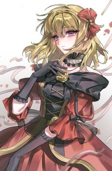 1girl absurdres artist_request bang_dream! bang_dream!_it's_mygo!!!!! black_bow black_gloves blonde_hair bow chinese_commentary choker commentary_request commission cowboy_shot dress flower frilled_choker frills gloves grey_background hair_bow hand_on_own_chest hand_up highres looking_at_viewer medium_hair misumi_uika puffy_sleeves purple_eyes red_dress rose second-party_source solo standing yellow_flower yellow_rose