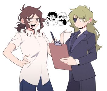 Rule 34 | 2boys, 2girls, :d, antenna hair, black jacket, black mouth, black necktie, black pants, blonde hair, blue pants, breasts, brown eyes, brown hair, chibi, chibi inset, christopher bingbong (eddsworld), clipboard, closed mouth, collared shirt, commentary request, cowboy shot, cup, denim, dual persona, eddsworld, eyepatch, film grain, frown, genderswap, genderswap (mtf), hand on own hip, hand up, holding, holding clipboard, holding cup, holding pen, jacket, jeans, larry (eddsworld), layered sleeves, long hair, long sleeves, looking at viewer, low ponytail, mjsc 10, multiple boys, multiple girls, necktie, one eye covered, open mouth, pants, pen, ponytail, shirt, short hair, short ponytail, short sleeves, simple background, small breasts, smile, standing, swept bangs, teeth, tongue, upturned eyes, v-shaped eyebrows, white background, white shirt, yellow eyes