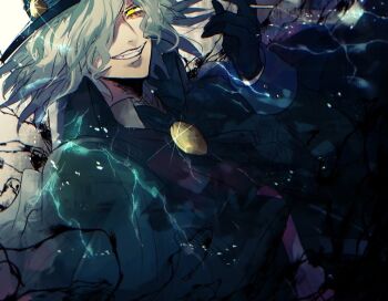 1boy ascot black_ascot black_gloves black_hat brooch commentary_request edmond_dantes_(fate) electricity fate/grand_order fate_(series) gloves grey_hair grin hair_over_one_eye hat jacket jewelry looking_at_viewer male_focus ou_syoku7 smile solo yellow_eyes
