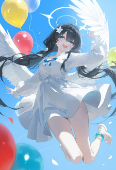1girl absurdres balloon black_hair blue_archive blue_bow blue_eyes blue_sky blush bow breasts character_request day dress feathered_wings flower hair_between_eyes hair_flower hair_ornament halo highres long_hair long_sleeves looking_at_viewer low_twintails neiless_neiro open_mouth outdoors puffy_long_sleeves puffy_sleeves sandals sky smile solo teeth twintails upper_teeth_only white_dress white_flower white_wings wings