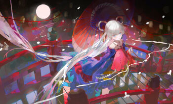 Rule 34 | 1girl, absurdly long hair, absurdres, blue eyes, bridge, chinese commentary, cho kaguya-hime!, commentary, floating hair, hair ornament, hair rings, hair stick, highres, holding, holding umbrella, iinagi (kashiwa keira), japanese clothes, kimono, long hair, long sleeves, looking at viewer, moon, nail polish, night, octopus, oil-paper umbrella, outdoors, purple kimono, red umbrella, runami yachiyo, smile, solo, standing, twintails, umbrella, very long hair, white hair, wooden bridge