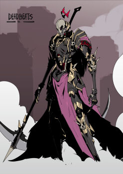 Rule 34 | absurdres, armor, bone, breastplate, deadbeat (mori calliope), feaurievladskov, floating, highres, holding, holding scythe, holding weapon, hololive, hololive english, mecha, pauldrons, pelvic curtain, robot, scythe, shoulder armor, spikes, spine, teeth, virtual youtuber, weapon