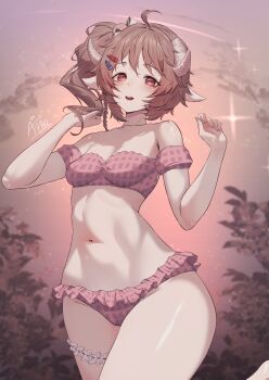 1girl absurdres ahoge animal_ears annasui_factory arknights arknights:_endfield bikini breasts brown_hair brown_horns commentary eyjafjalla_(arknights) frilled_bikini frilled_thigh_strap frills highres horns looking_at_viewer navel open_mouth pink_bikini plaid_bikini plaid_clothes pointy_ears red_eyes sheep_ears sheep_girl sheep_horns side_ponytail signature small_breasts solo standing standing_on_one_leg stomach swimsuit thigh_strap