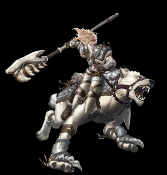 1girl abs absurdres armor axe backpack bag bandages bedroll black_background blonde_hair blue_eyes braid bright_pupils brown_bag brown_gloves claw_(weapon) claws closed_mouth collar fingerless_gloves fur-trim gloves highres holding holding_axe holding_polearm holding_weapon intemind long_hair muscular o-ring open_mouth original pauldrons polearm saliva saliva_trail scratches sharp_teeth shoulder_armor simple_background skull smile solo spiked_collar spikes teeth vambraces weapon white_pupils wolf