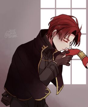 Rule 34 | 1boy, 1girl, 2025, arm behind back, black capelet, black shirt, brown gloves, capelet, commentary request, eirika (fire emblem), fingerless gloves, fire emblem, fire emblem: the sacred stones, gloves, high collar, highres, kiss, kissing hand, long sleeves, male focus, nintendo, parted bangs, red gloves, red hair, sayu030b, seth (fire emblem), shirt, short hair, solo focus, upper body, watermark, window