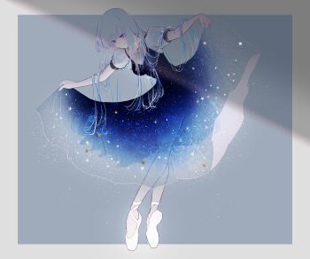 Rule 34 | 1girl, absurdres, ballet slippers, blue background, blue eyes, border, collared dress, commentary request, curtsey, dress, en pointe, full body, highres, long hair, neck ribbon, original, ribbon, sabaumako, see-through clothes, see-through dress, skirt hold, solo, star (symbol), starry sky print, translucent hair, white border
