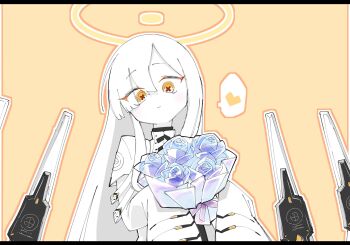 Rule 34 | 1girl, blue archive, bouquet, closed mouth, colored skin, commentary request, fin funnels, floating, floating object, floating weapon, flower, halo, heart, highres, holding, holding bouquet, letterboxed, light blush, light smile, long hair, malkuth (blue archive), orange background, orange eyes, orange halo, otz sensei, purple flower, purple rose, rose, simple background, solo, speech bubble, spoken heart, symbol-shaped pupils, upper body, white hair, white skin, x-shaped pupils