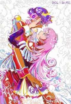 2girls blue_eyes blush commentary dark-skinned_female dark_skin dated dress epaulettes glasses hand_on_another&#039;s_face highres himemiya_anthy jacket long_hair multiple_girls parted_lips pink_dress pink_hair purple_hair red_jacket short_hair shoujo_kakumei_utena tenjou_utena tiara windychariot wrist_cuffs yuri