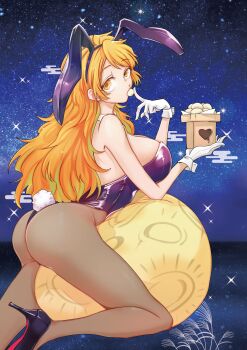 1girl absurdres animal_ears ass bare_shoulders breasts brown_pantyhose chapter_cover cover detached_collar dumpling eating fake_animal_ears food gloves goa_(kizetsu_yuusha) high_heels highres k_setsuda kizetsu_yuusha_to_ansatsu_hime large_breasts long_hair looking_at_viewer moon night night_sky official_art orange_eyes orange_hair pantyhose playboy_bunny rabbit_ears rabbit_tail sky white_gloves wrist_cuffs