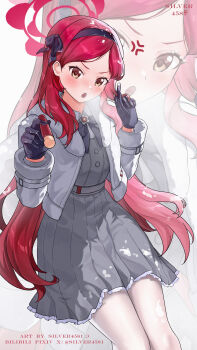 1girl :o absurdres artist_name bilibili_username black_gloves black_hairband black_ribbon blue_archive blush chinese_commentary collared_dress commentary_request cosmetics dress feet_out_of_frame frilled_dress frills fur-trimmed_jacket fur_trim gloves grey_dress hair_ribbon hairband halo highres holding holding_lipstick_tube jacket lipstick_tube long_hair long_sleeves looking_at_viewer open_mouth pantyhose pink_halo pixiv_username pleated_skirt red_hair ribbon silver4581 skirt solo takane_(blue_archive) twitter_username white_jacket white_pantyhose yellow_eyes zoom_layer