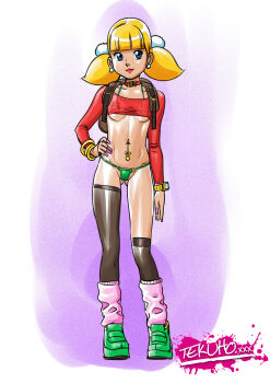 asymmetrical_legwear backpack bag bikini blonde_hair inspector_gadget looking_at_viewer micro_bikini navel_piercing penny_(inspector_gadget) piercing slut_choker swimsuit tekuho_no_habo