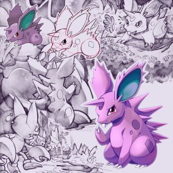 >_< buck_teeth claws colored_skin commentary_request fleeing flower gen_1_pokemon gen_2_pokemon gen_4_pokemon gliscor highres horns large_ears nidoqueen nidoran nidoran_(female) nintendo no_humans open_mouth pincers pokemon pokemon_(creature) pokemon_focus purple_skin red_eyes shoupitsuki single_horn sketch sneasel spines teeth