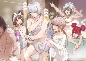 1boy 463_jun 6+girls absurdres ahoge ak-15_(girls'_frontline) bathroom black_hair bottle breasts brown_eyes brown_hair cheyanne_(girls'_frontline_2) closed_mouth collarbone commander_(girls'_frontline) commentary_request convenient_censoring cz75_(girls'_frontline) double_bun faceless faceless_male faye_(girls'_frontline_2) fingernails girls'_frontline girls'_frontline_2:_exilium hair_bun hands_up highres holding holding_bottle indoors k2_(girls'_frontline) lainie_(girls'_frontline_2) long_hair looking_at_another m200_(girls'_frontline) mayling_shen_(girls'_frontline_2) medium_breasts medium_hair multiple_girls naked_towel nude one_eye_closed orange_eyes petite pointing ponytail purple_eyes red_hair shared_bathing small_breasts smile steam steam_censor toned toned_female toned_male towel towel_on_head ump40_(girls'_frontline) voymastina_(girls'_frontline_2) wet white_hair yellow_eyes yoohee_(girls'_frontline_2)