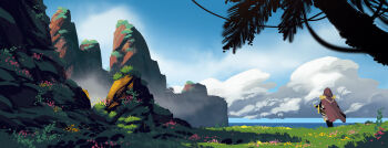 Rule 34 | 1girl, absurdres, blue sky, boulder, brown cloak, cliff, cloak, cloud, commentary, day, english commentary, from behind, grass, highres, hood, hooded cloak, lorenzo lanfranconi, moss, original, painterly, palm tree, plant, scenery, sky, standing, tree, vines